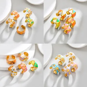 Stainless Steel Geometric Enamel Open Ring For Women Bohemian Irregular Lines Rhinestone Drip Oil Adjustable Fashion Jewelry