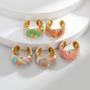 Five-piece set of gold-plated enamel open rings featuring colorful geometric drip oil patterns