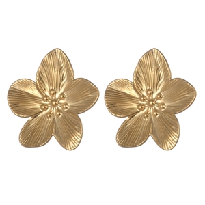French vintage matte gold flower earrings with linear striped petals and bohemian style