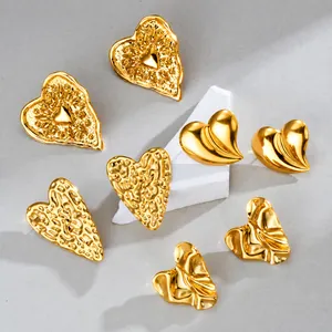 18K Verguld Roestvrij Staal Gerimpelde Textuur Hart Oorknopjes Retro Lava Geometrische Hart Verstelbare Ringen Voor Vrouwen Sieraden