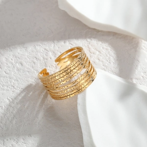 18K gold plated wide C-shape ring with multi-layer textured bands and open design