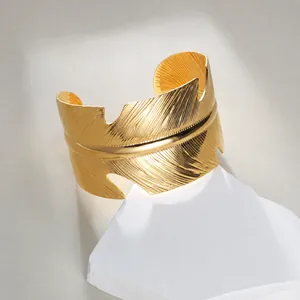 Vintage 14K Gold Plated Stainless Steel Feather Open Bangle For Women Delicate Engraved Texture Wide Adjustable Bracelet