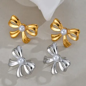 Orecchini a Bottone con Fiocco e Perla Artificial in Acciaio Inossidabile per Donna Stile Occidentale Placcatura Sottovuoto Oro Argento
