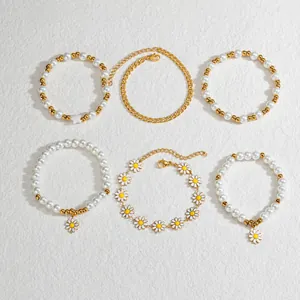 Mode Edelstahl Gänseblümchen Armband Für Damen Vergoldet Imitationsperle Stern Charm Verstellbare Gliederkette Schmuck Geschenk