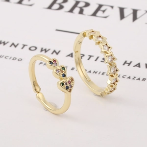 Mode Kupfer Zirkonia Herz Stern Offener Ring Für Damen Verstellbar Vergoldet Minimalistischer Zierlicher Geometrischer Ring Schmuck