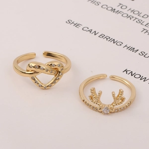 Anelli Aperti in Rame Placcato Oro 18K Minimalisti per Donna Cuore Corno Regolabili con Intarsio in Zirconia Gioielli