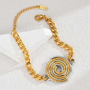Close-up of dual-tone twisted disc bracelet with Cuban chain in stainless steel