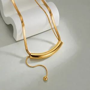 Minimalist Stainless Steel Gold Plated Snake Chain Necklace With Arc Metal Tube Pendant Tassel Dangle For Women Fashion Jewelry
