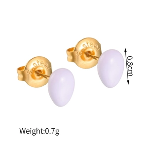 Close-up of small lavender oval stud earrings in gold stainless steel with dimensions