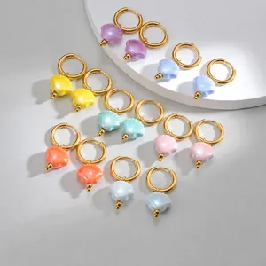 Stainless Steel Gold Plated Hoop Earrings With Shell Shaped Resin Pendant Macaron Candy Color Beach Jewelry For Women