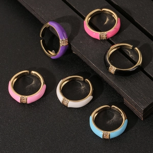 Set of six 18K gold plated adjustable rings with colorful enamel and zircon stones