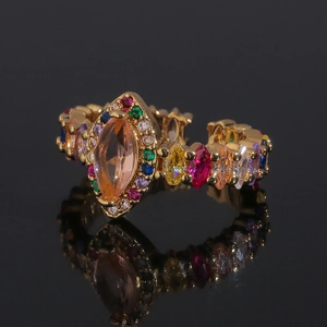 Luxurious gold-plated ring with rainbow marquise crystals and large champagne center stone