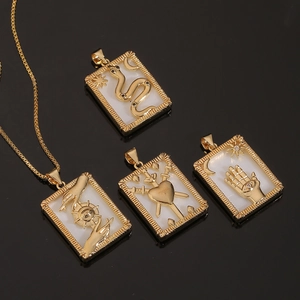 Vintage Tarot Card Style Rectangle Pendant Necklace For Women Copper Gold Plated Snake Heart Eye Mystical Jewelry Gift