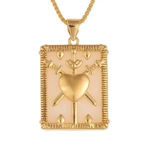 Macro view of a gold tarot card necklace featuring a heart and swords relief on white base