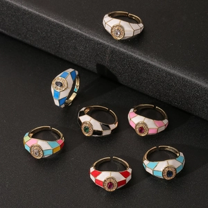 Set of geometric enamel rings with colorful gemstones and micro rhinestone details