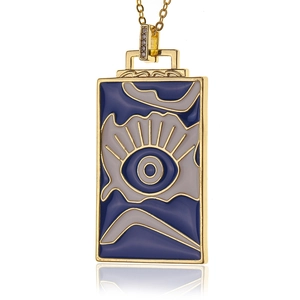 Böhmische rechteckige Halskette mit blauem Emaille-Auge-Anhänger in Gold-Finish