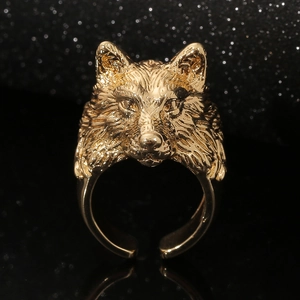 Hip Hop Exaggerated Wide Copper Gold Plated Adjustable Ring For Men Women Wolf Head Dollar Sign Leopard Animal Gothic Jewelry