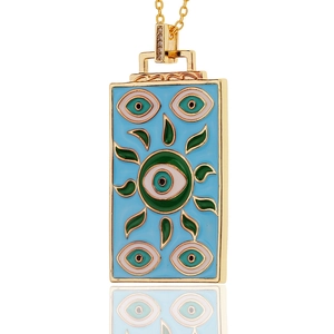 Rechteckiger Evil Eye Halskettenanhänger mit blauem Emaille und Sonnenstrahlen auf Vergoldung