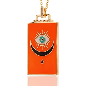 18K vergoldete Halskette mit orangefarbenem Emaille-Evil-Eye-Anhänger und Mondsichel
