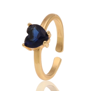 Bague ouverte élégante plaquée or avec une pierre précieuse bleue en forme de cœur sertie
