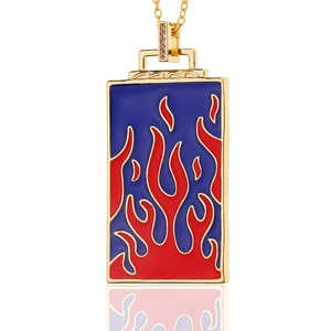 Goldene rechteckige Flammen-Halskette mit rotem und blauem Emaille und Kristallbesatz