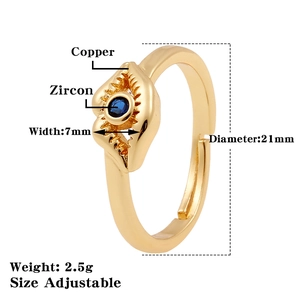 Detailed view of adjustable golden copper ring with blue zircon and shell design specs