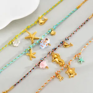Ocean Series Stainless Steel Woven Rope Bracelet For Women Starfish Turtle Seahorse Fish Shell Pendant Adjustable Jewelry