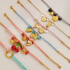 Bohemian Colorful Woven Bracelet For Women Stainless Steel Fruit Shell Heart Charm Pendant Summer Adjustable Jewelry