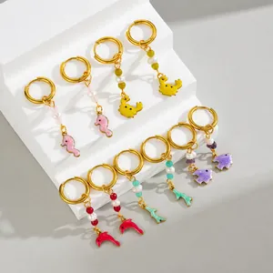 Boucles d'Oreilles en Émail Série Océan en Acier Inoxydable Avec Künstliche Perle Pierre Naturelle Hippocampe Dauphin Crabe Poisson Pour Femmes