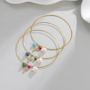 18K Gold Plated Stainless Steel Bangle Bracelet For Women With Cross Star Charm Faux Artificial Pearl Zirconia Bohemian Fashion Jewelry