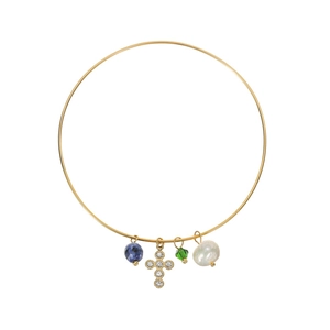 18k gold plated stainless steel bangle with cross, pearl and colorful gemstone charms