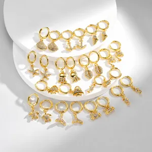 18K Gold Plated Stainless Steel Marine Animal Hoop Earrings Rhinestone Turtle Starfish Seahorse Dolphin Shell Dangle For Women