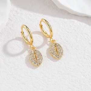 Polished 18k gold plated hoop earrings with shimmering crystal shell drop pendants