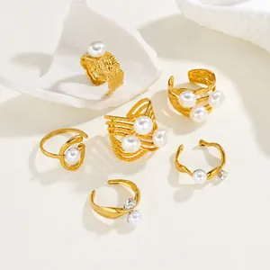 Bague Ouverte en Acier Inoxydable pour Femme Plaqué Or 18K Géométrique Künstliche Perle Fleur Coeur Coquillage Bijoux de Mode Cadeau