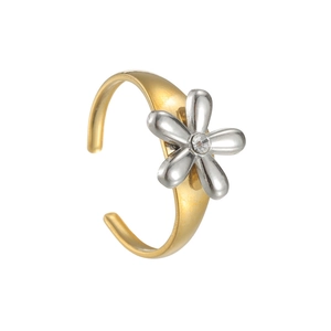 Bague ajustable en acier plaqué or 18k avec fleur argentée et cristal central brillant