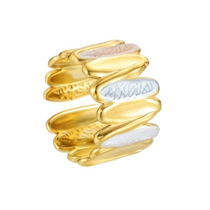 Modern irregular geometric layered ring in tricolor gold silver and rose gold finishes