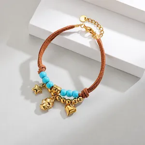 Bohemian Stainless Steel Suede Leather Cord Bracelet For Women Vintage Gold Plated Heart Dragonfly Charm Beaded Wristband Jewelry