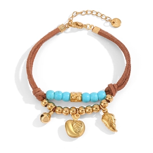 Bohemian multilayered stainless steel beaded bracelet with gold leaf and apple pendants