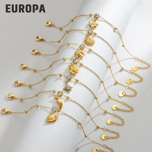 14K Gold Plated Stainless Steel Animal Pendant Bracelet For Women With Zirconia Bee Elephant Owl Star Sun Charms Jewelry