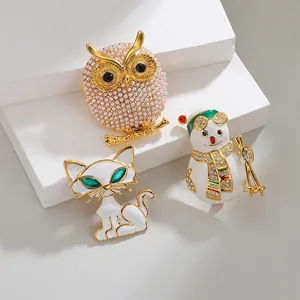 Broche en Acier Inoxydable Dessin Animé Mignon Forme d'Animal Plaqué Or 18K Émail Hibou Chat Bonhomme de Neige Bijoux de Mode