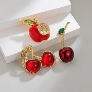 Fruit Series Cherry Apple Brooch Gold Plated Stainless Steel Enamel Rhinestone Pin For Women Cute Fashion Jewelry Gift
