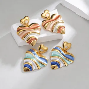 Stainless Steel Enamel Heart Drop Earrings 14K Gold Plated Contrast Color Wave Pattern Earrings For Women Commute Jewelry