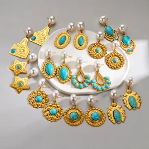 Boucles d'Oreilles Pendantes Vintage en Acier Inoxydable Turquoise et Künstliche Perle pour Femme Plaqué Or 18K Style Bohème