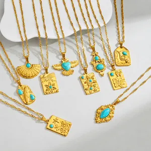 Vintage 18K Gold Plated Stainless Steel Necklace Geometric Artificial Turquoise Pendant Bohemian Embossed Jewelry For Women