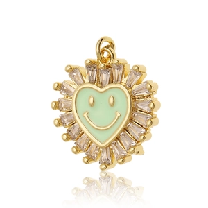 Exquisiter vergoldeter Herzanhänger mit grünem Emaille-Smiley und Zirkonia-Inlay