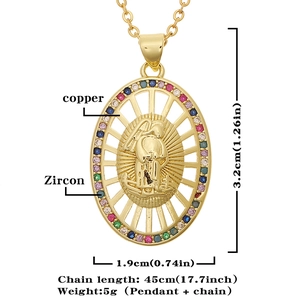 Detailed view of Virgin Mary oval pendant with colorful zircons and size dimensions