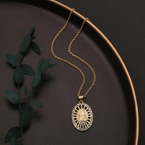 Gold-plated Virgin Mary pendant necklace with colorful micro-inlaid zircon gemstones