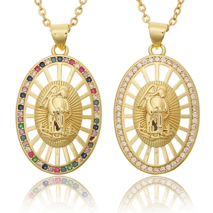 Religious golden oval pendants with colorful zircon inlay and St. Jude relief on cross chain
