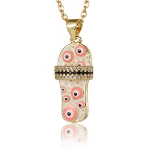 Gouden halsketting met slipper hanger van wit emaille en boze oog met zirkonia steentjes