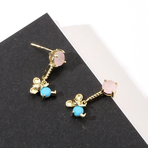 Golden drop earrings featuring pink beads and cute mouse pendants with turquoise accents
